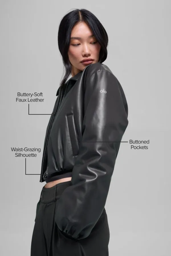 Faux Leather Cropped Premier Bomber - Black